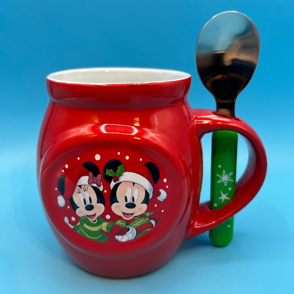 2019 Disney Mickey & Minnie Mouse 12oz Red Christmas Ceramic Cocoa Mug & Spoon